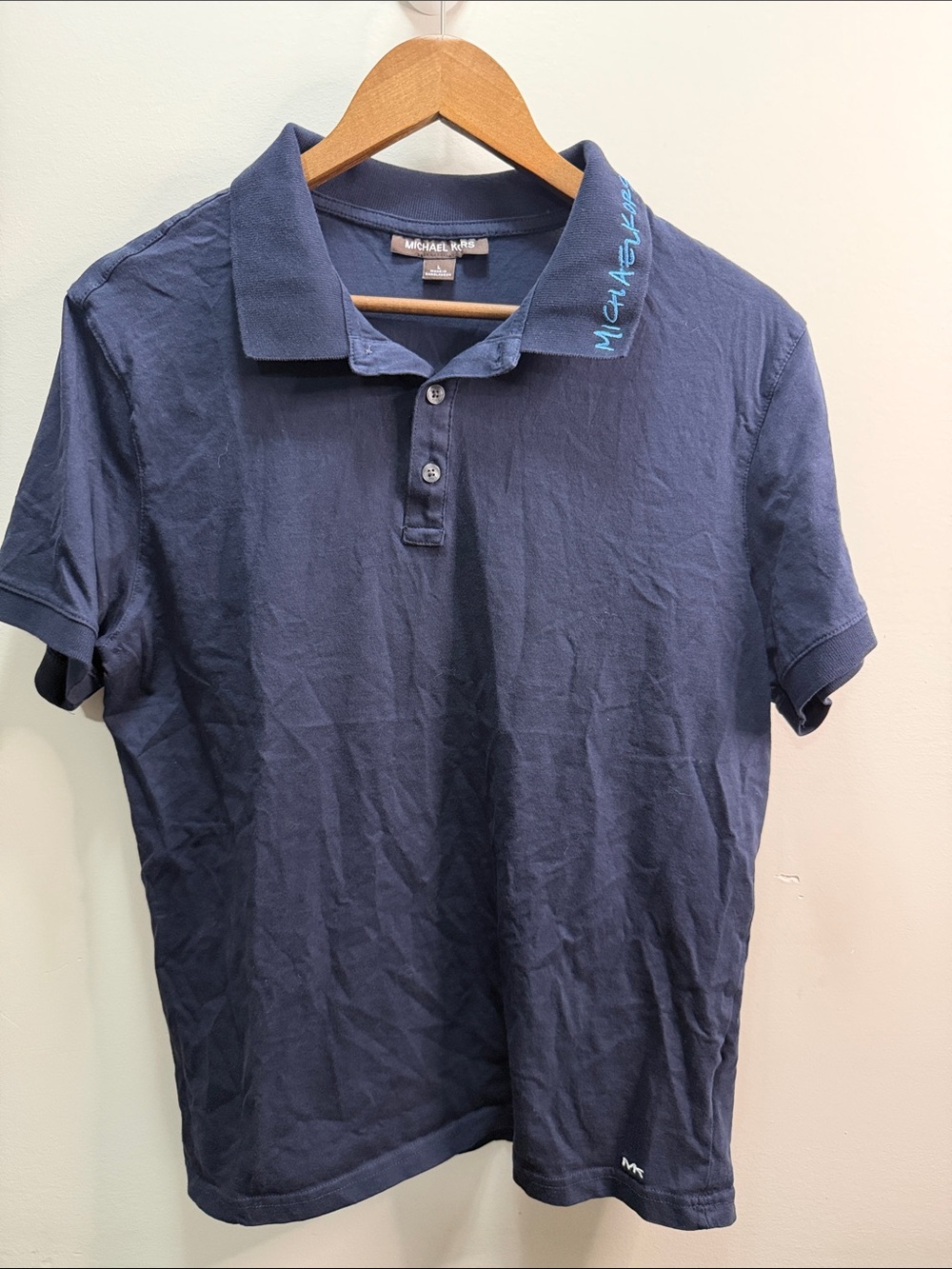 Michael Kors Men's Dark Navy Polo with Script Collar Accent Size M 26.5x22